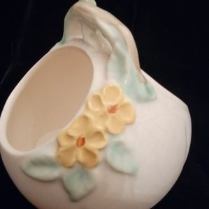 Weller Floral F-19 White Handled Basket/Vase Jardineire Pottery.